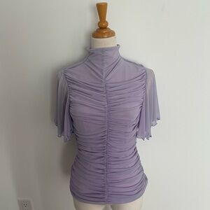 Purple Ruched Flutter Sleeve Blouse with Mandarin Collar